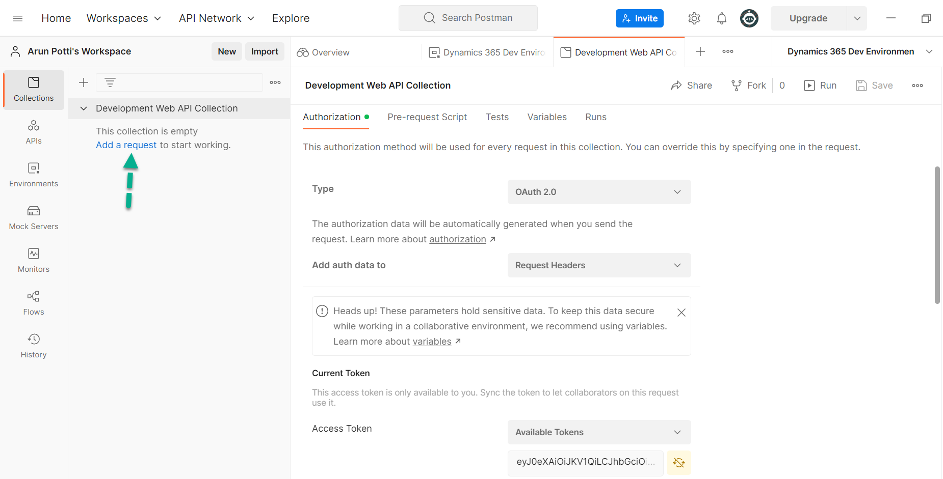 setup and connect to the Dataverse environment in Postman